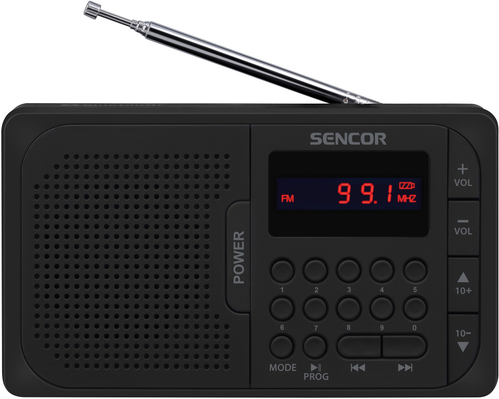 Radiopřijímač Sencor SRD 216BK černý Přenosné rádio Sencor s teleskopickou anténou a klávesnicí předvoleb, čelní pohled.