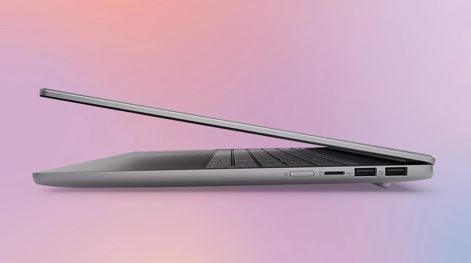 Notebook Lenovo IdeaPad Slim 5 16IMH10 šedý Boční pohled na tenký notebook Lenovo s viditelnými porty
