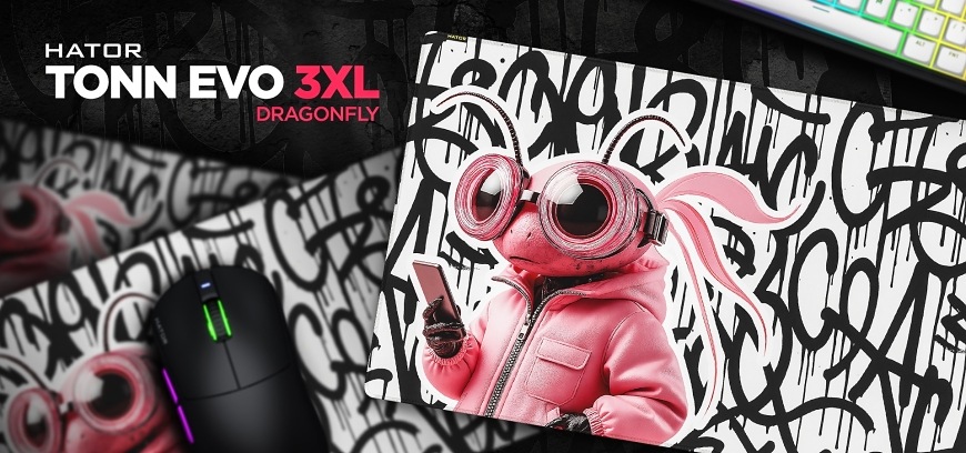 Podložka pod myš HATOR Tonn EVO 3XL Design Edition Dragonfly bílá Podložky HATOR Tonn EVO 3XL Dragonfly s postavou v růžové bundě, myší a označením edice