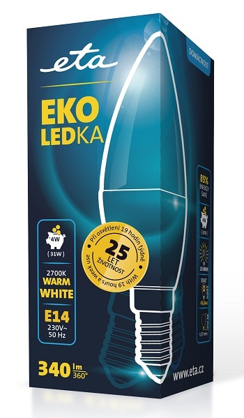 Žárovka LED ETA EKO LEDka svíčka 4W, E14, teplá bílá žárovka ETAC37W4WW01, úspora, LED