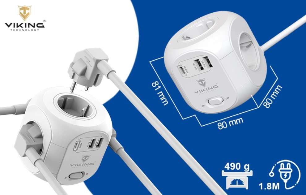 Kabel prodlužovací Viking AC CUBE PD, 4x zásuvka, 2x USB QC, 1x USB-C PD, 1,8m bílý