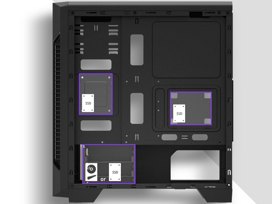 Umístění pozic pro SSD a HDD disky v PC skříni Case Zalman S3 TG
