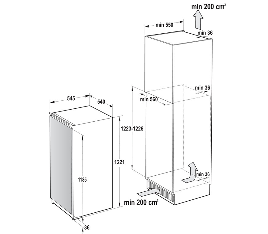 Schéma s rozměry pro zabudování chladničky Gorenje RBI512E21.