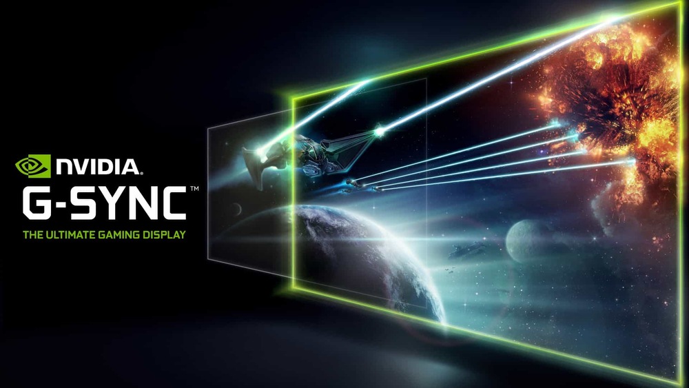 Záběr ilustrující technologii NVIDIA® G-SYNC®, ve které vesmírná loď střílí lasery ve vesmíru směrem k explozi. Text zní: „Nejlepší herní displej.“