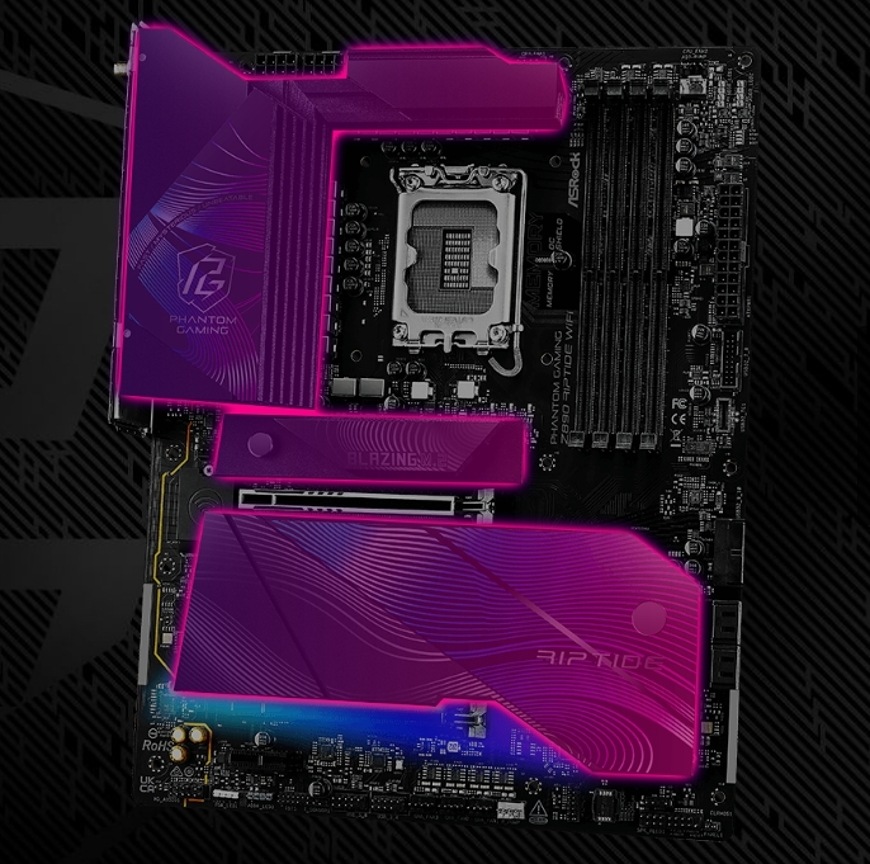 Přehled chlazení a krytů základní desky ASRock Z890 RIPTIDE WIFI s výrazným designem Riptide