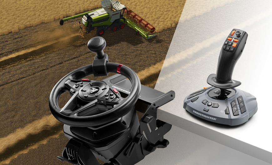Volant a joystick při použití ve farmářském simulátor