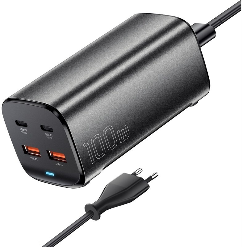 Nabíječka do sítě Essager 100W, GaN, 2x USB-C, 2xUSB-A v černé barvě