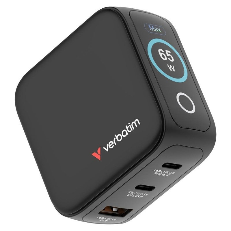 Cestovní adaptér Verbatim Mini GaN LCD, 2x USB-C PD 65 W, 1x USB-A QC 3.0 černý Napájecí adaptér Verbatim Mini GaN LCD, 2x USB-C PD 65 W, 1x USB-A QC 3.0