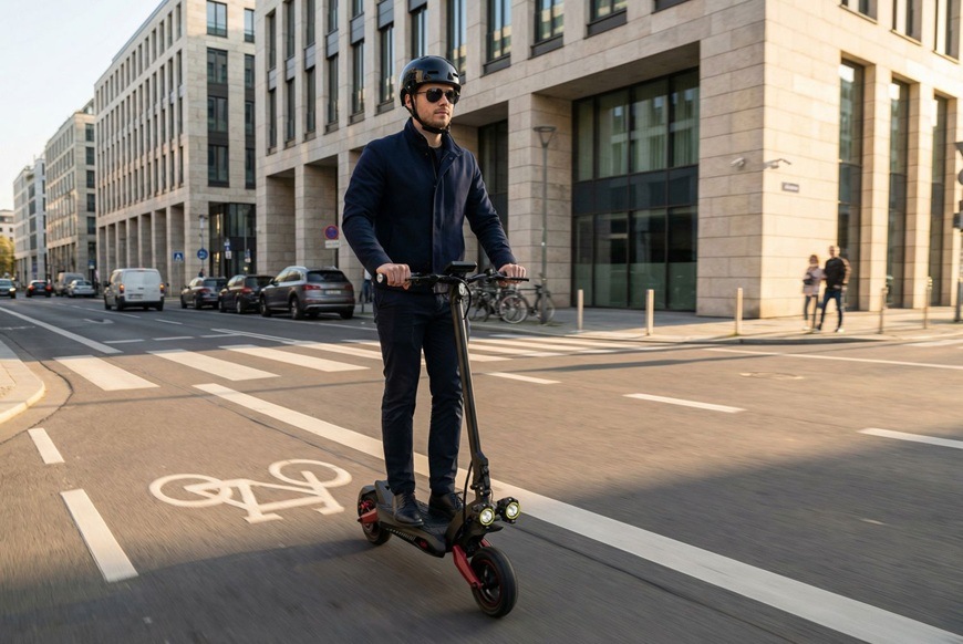 Elektrická koloběžka Sencor SCOOTER X40 černá Elektrická koloběžka Sencor SCOOTER X40 při jízdě městskými ulicemi.