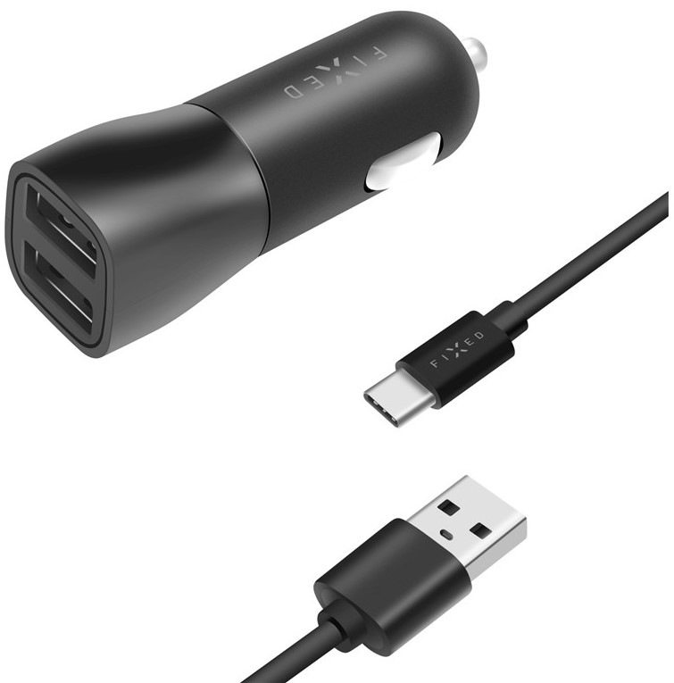 Adaptér do auta FIXED 2xUSB, 15W Smart Rapid Charge + USB-C kabel 1m - černý