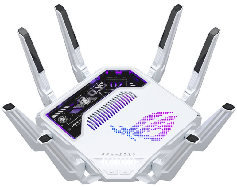 Herní router ASUS ROG Rapture GT-BE19000AI s Wi-Fi 7, osmi anténami, bílý design