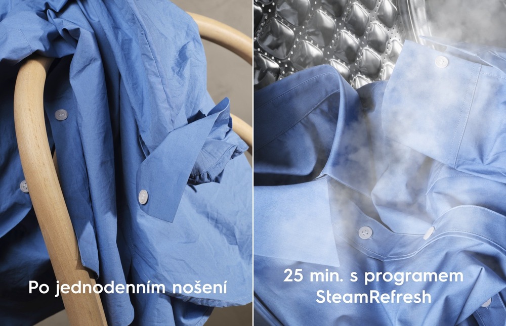 Vlevo košile přehozená přes židli po jednodenním nošení – pomačkaná. Vpravo košile v bubnu pračky, kolem ní pára z programu SteamRefresh – méně pomačkaná.