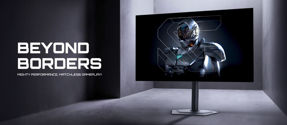 Herní OLED monitor na displeji zobrazuje futuristickou obrněnou postavu na černém pozadí. Vlevo se objevuje text: „Beyond Borders: Mighty Performance, Matchless Gameplay“.