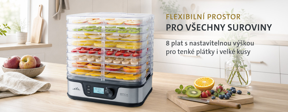 Sušička ovoce ETA Secca Premium 9301 90000 Infografika sušičky ETA Secca Premium – flexibilní prostor a 8 plat s nastavitelnou výškou pro tenké plátky i velké kusy potravin