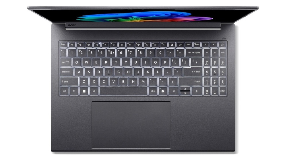 Pohled shora na klávesnici notebooku Acer Aspire 16 AI