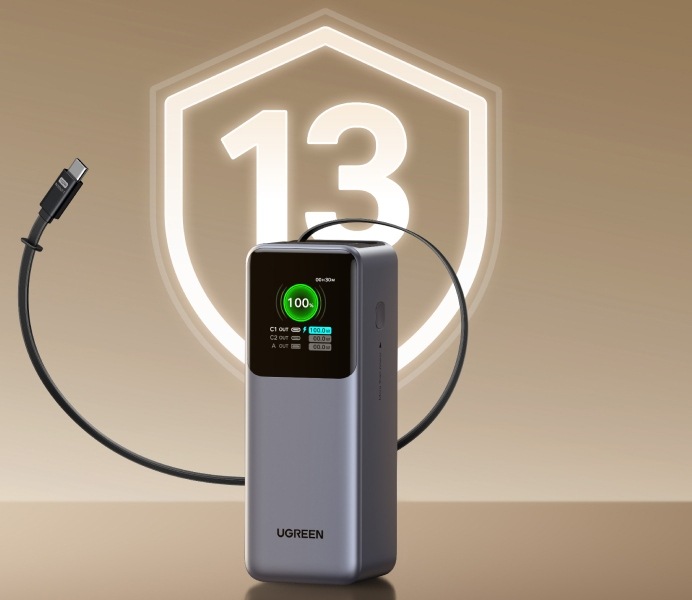 Powerbanka UGREEN 20 000 mAh s integrovaným kabelem a symbolem 13 ochranných prvků