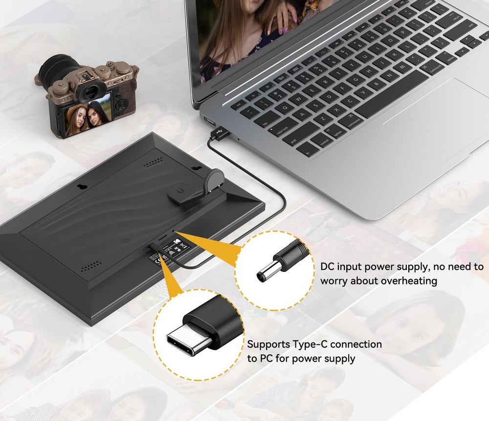 Fotorámeček digitální Kodak RCF-1018 se napájí pres AC 100-240 V nebo USB-C konektor