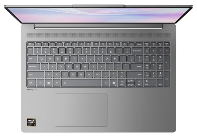 Notebook Lenovo IdeaPad Slim 5 16AKP10 šedý Detail klávesnice s numerickou částí a touchpadu šedého notebooku Lenovo IdeaPad Slim 5