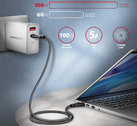 Kabel Axagon NewGEN+ kabel USB-C / USB-C, 1m, PD 100W, 8K HD, pletený černý AXABUCM432CM10AB