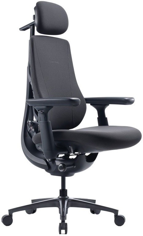 Černá ergonomická kancelářská židle LiberNovo Maxis Manual Graphite s hlavovou opěrkou na bílém pozadí.
