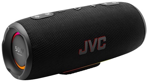 Černý přenosný reproduktor JVC XS-E425B se zapnutými LED světly a logem JVC