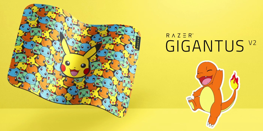 Podložka Razer Gigantus V2 Pokémon Kanto Starters s velkým motivem Pikachu na žlutém pozadí