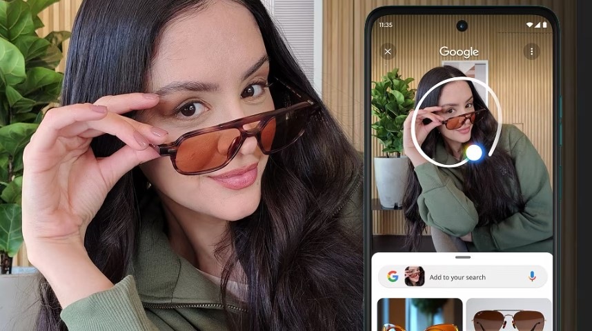Žena se slunečními brýlemi a vyhledávání brýlí pomocí funkce Circle to Search