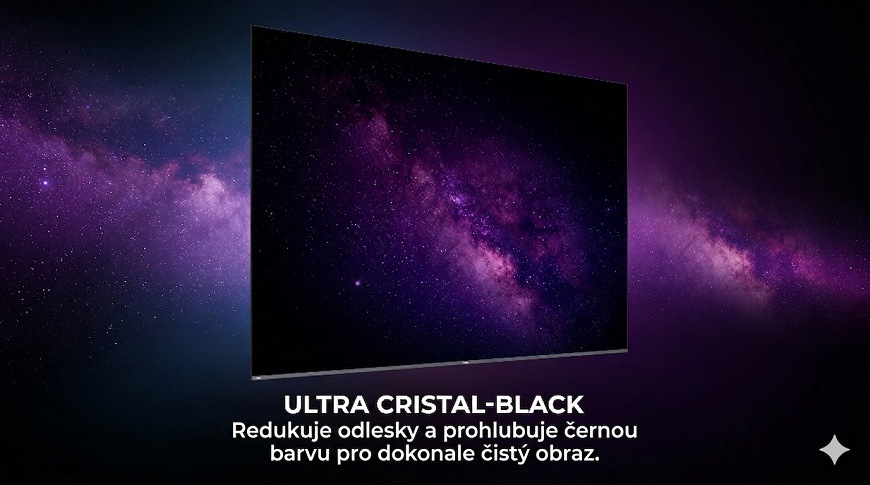 fialová galaxie, uprostřed níž je televize haier, která má na obrazovce tutéž galaxii