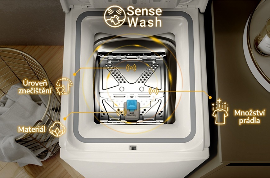 Pračka Whirlpool TW621DBSWEE bílá Detail obrázku technologie 6. SMYSL Sense Wash s pračkou.