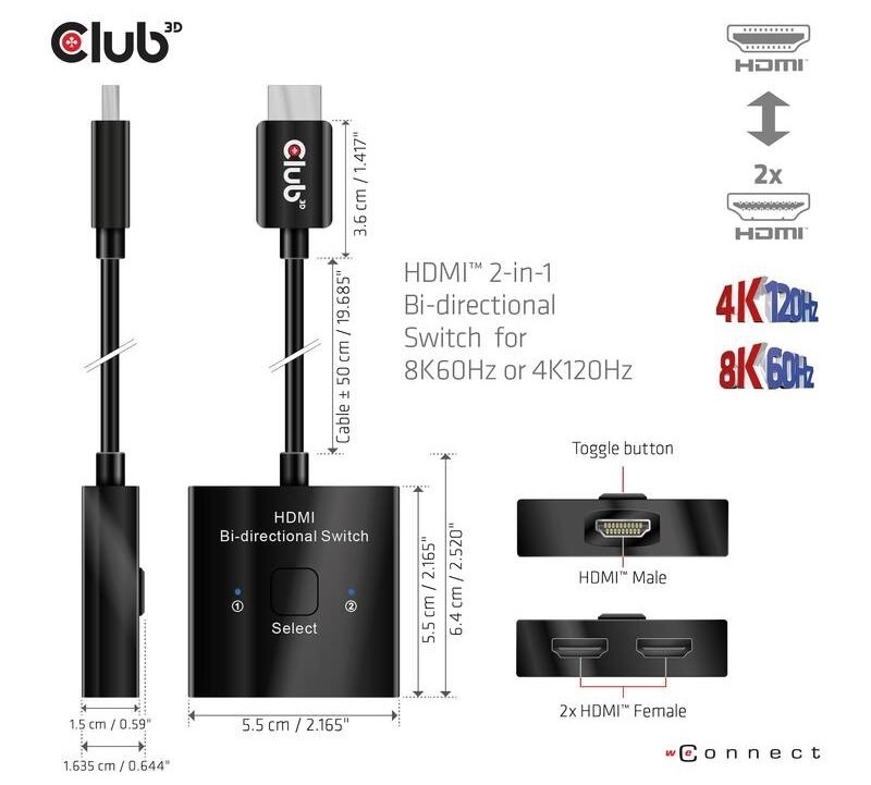 Redukce Club3D HDMI / 2x HDMI 2v1, 8K60Hz, 4K120Hz černá Redukce Club3D HDMI / 2x HDMI 2v1, 8K60Hz, 4K120Hz - černá