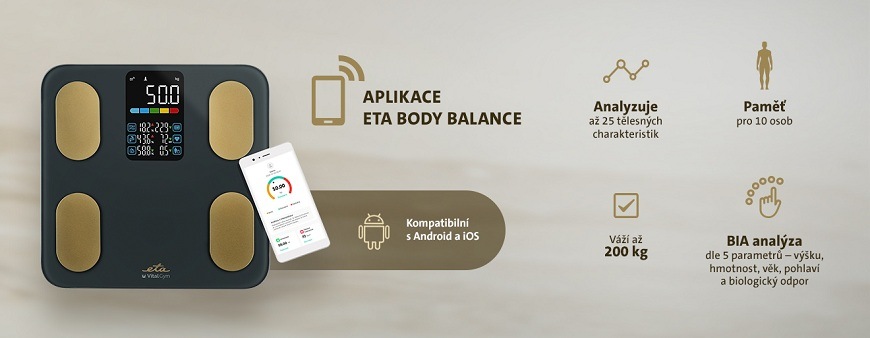 Osobní váha ETA Vital Gym 7779 90000 šedá Infografika analytické váhy ETA Vital Gym s přehledem funkcí: aplikace ETA Body Balance kompatibilní s Android a iOS, analýza 25 charakteristik, paměť pro 10 osob, nosnost do 200 kg a BIA analýza