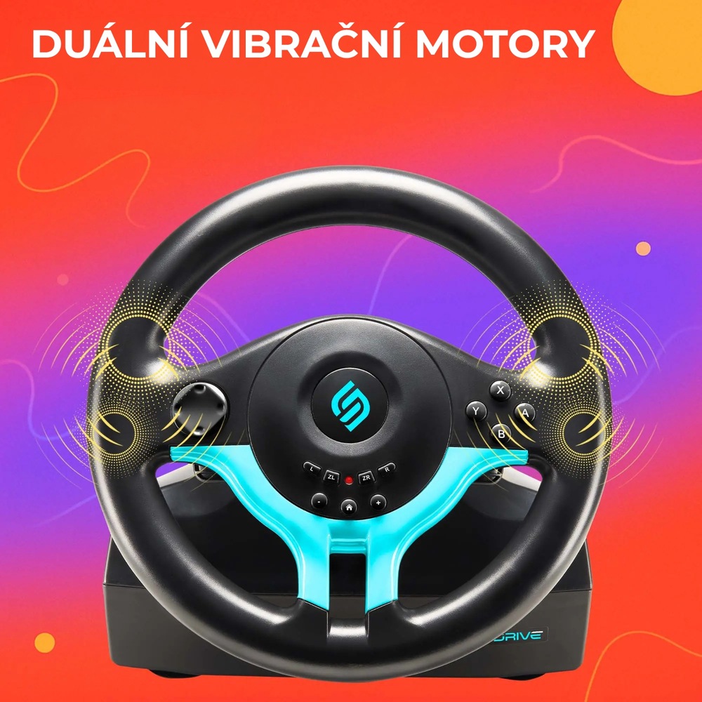 Volant SUPERDRIVE SV250 SP Edition Blue modrý Herní volant s černo-modrým designem a dvojitými vibračními motory. Pozadí v přechodu od červené po fialovou, které vyjadřuje vzrušení.