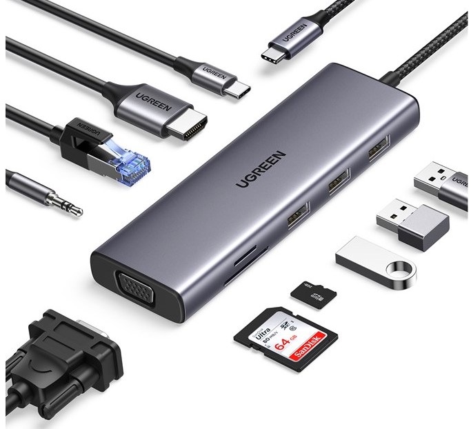 Dokovací stanice UGREEN USB-C/3×USB, SD, VGA, 3,5mm Jack, RJ45, HDMI šedá