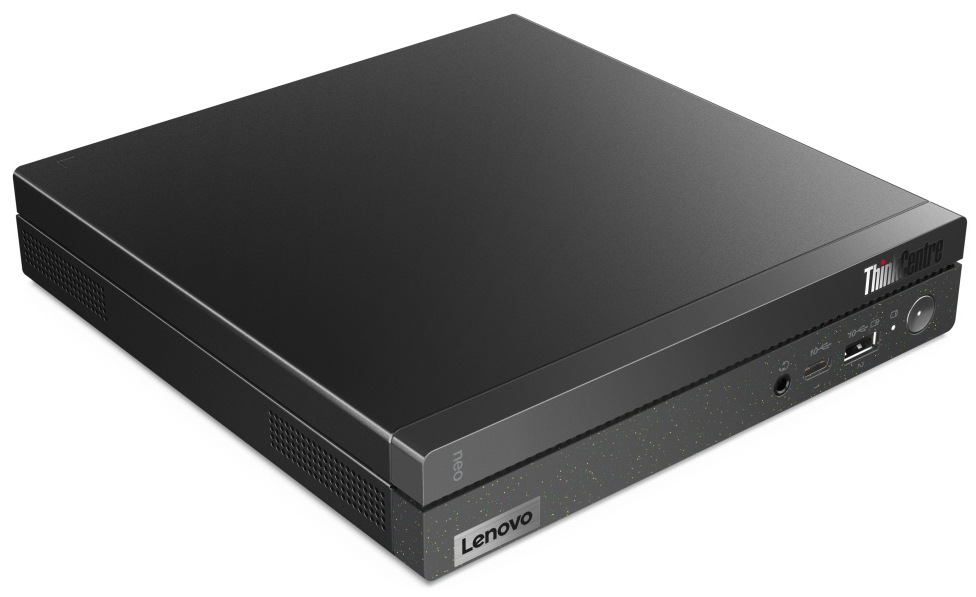 PC mini Lenovo ThinkCentre neo 50q Gen 4 černý Snímek mini PC. Vidíme čelo a levý bok PC, na kterém jsou v jeho spodní polovině po celé jeho délce otvory pro větrání. Na čele jsou USB a audio porty a tlačítko pro zapnutí a vypnutí PC.
