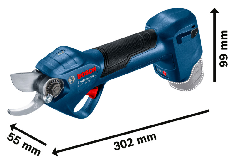 Nůžky na větve Bosch Professional GGP 12V-25 (bez baterie) Rozměry nůžek Bosch Professional GGP 12V-25 s délkou 302 mm a výškou 99 mm