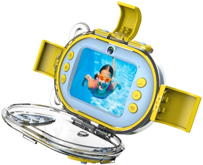 Digitální fotoaparát AgfaPhoto Realikids Water Proof modrý Voděodolný fotoaparát AgfaPhoto s otevřeným krytem a fotografií plavajícího dítěte.
