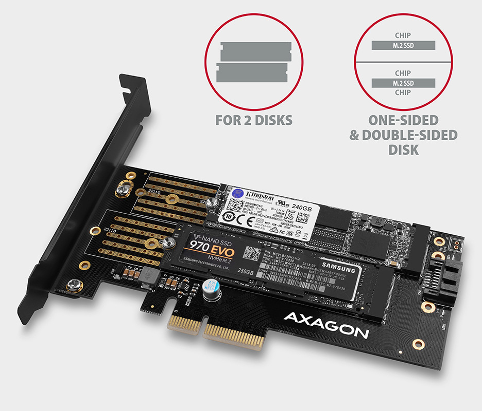 Řadič Axagon PCEM2-D - M.2 NVMe M-key + SATA B-key slot