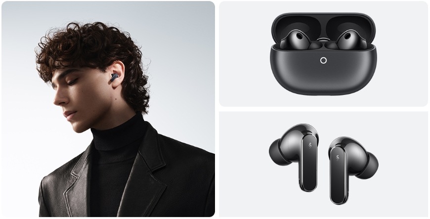 Profil ženy s nasazeným sluchátkem Huawei FreeBuds Pro 5, detail pouzdra a sluchátek