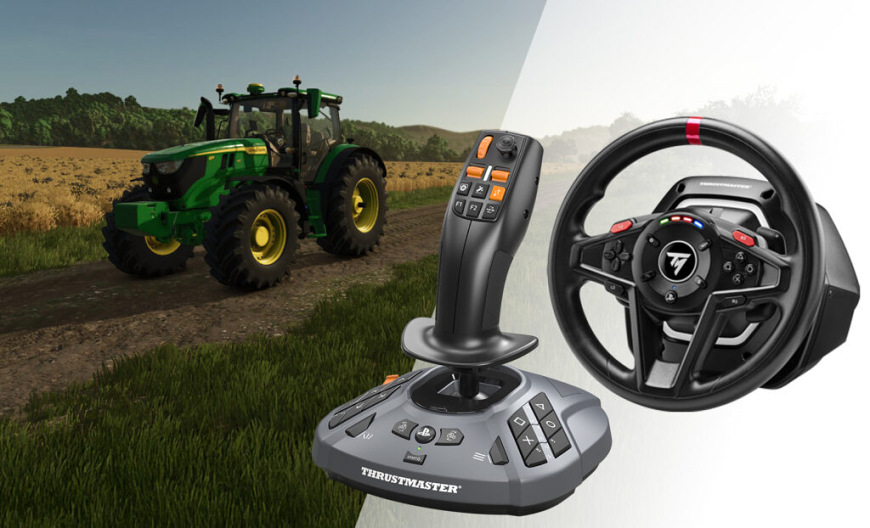 Volant a joystick při simulaci řízení traktoru