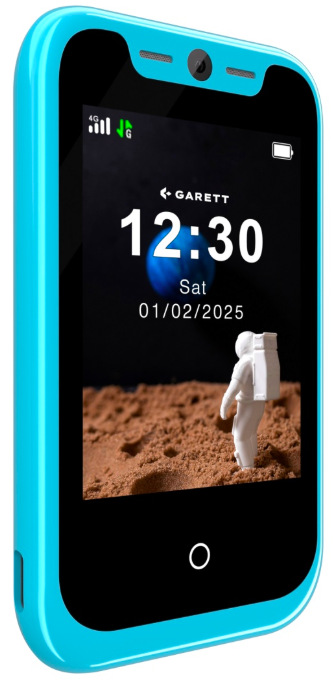 Mobilní telefon Garett Smartphone OneKid modrý Detailní šikmý pohled na přední stranu telefonu Garett Smartphone OneKid v modré barvě