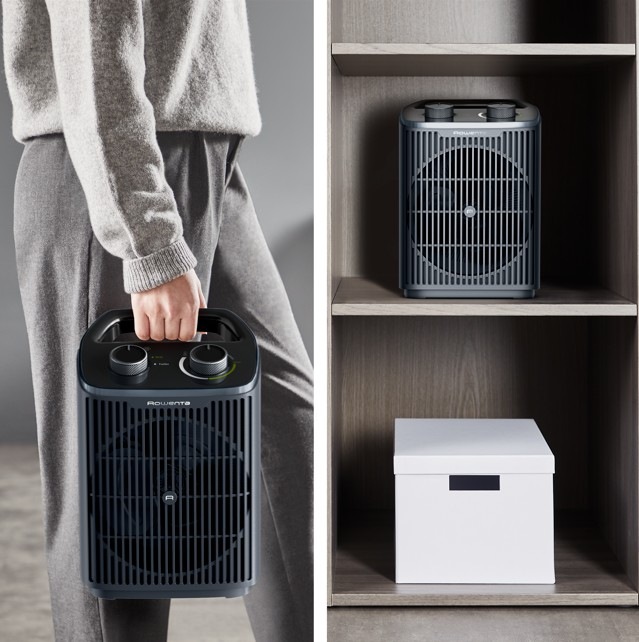 Teplovzdušný ventilátor Rowenta SO2351F0 Intense Comfort šedý Žena přenáší teplovzdušný ventilátor Rowenta Intense Comfort Aqua do šatny na uložení