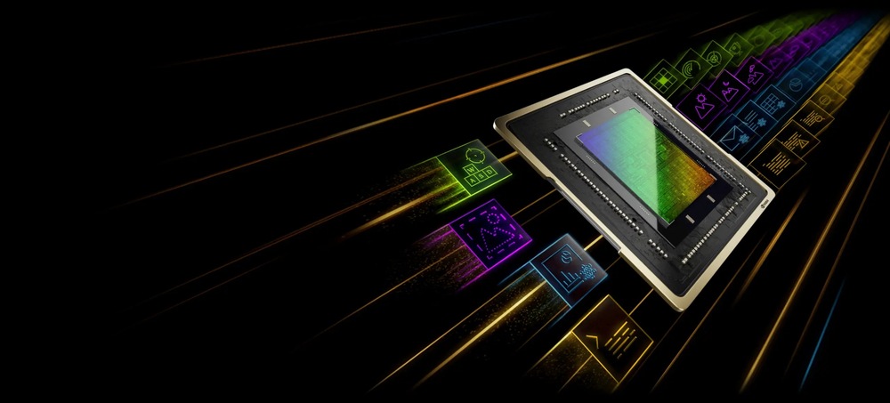 Notebook Asus TUF Gaming A18 šedý Mikročip s barevným obvodovým designem se vznáší ve vesmíru, obklopen ikonami představujícími technologii a inovace na tmavém pozadí.