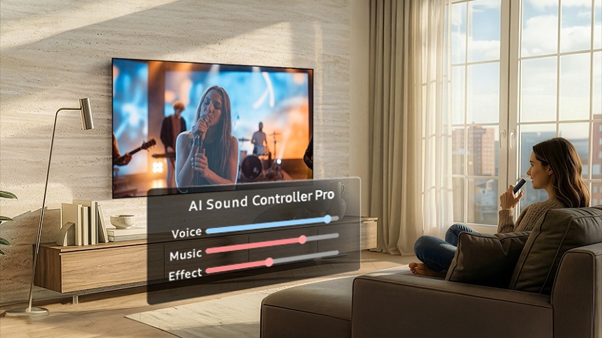 Televize Samsung QE77S92H žena sedí na gauči v obýváku a zesiluje hlas zpěvačky v tv