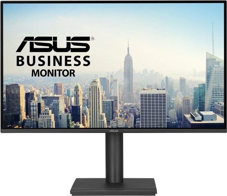 Na obrázku je monitor Asus BE27AQ 27" v tmavě šedém provedení z čelního pohledu. Má tenké rámečky po stranách i nahoře a širší spodní lištu s logem Asus uprostřed. Monitor stojí na jednoduchém válcovém stojanu s hranatou plochou základnou. Konstrukce působí střídmě a kancelářsky, bez výrazných herních nebo dekorativních prvků.