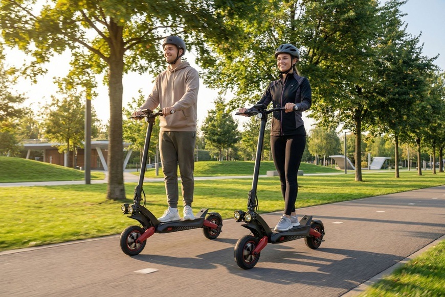 Elektrická koloběžka Sencor SCOOTER X70 černá Dvojice jezdců na elektrických koloběžkách Sencor SCOOTER X70 při jízdě po městské cyklostezce.