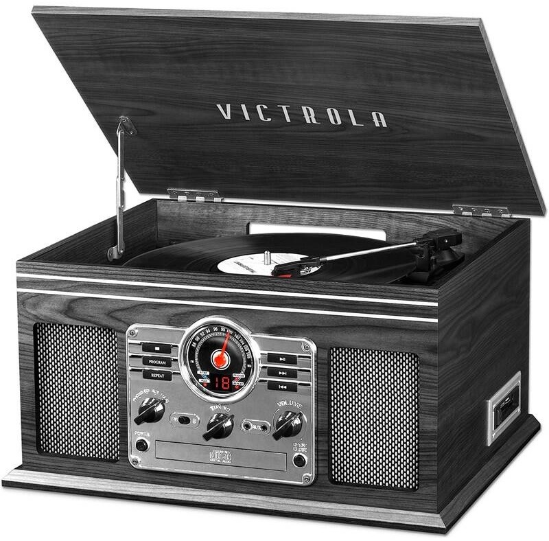Retro gramofon Victrola Empire, šedý dřevěný dekor, otevřené víko