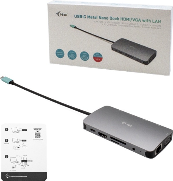 Dokovací stanice i-tec s integrovaným USB-C kabelem, balením a stručným návodem.