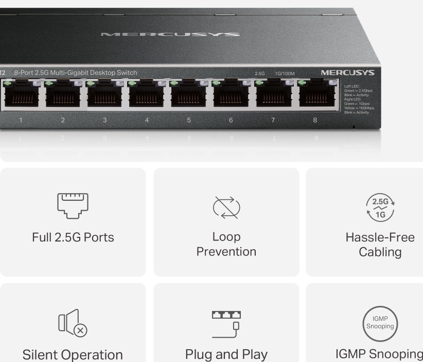 Switch Mercusys MS108GS-M2 s přehledem funkcí: osm 2,5Gb/s portů, Loop Prevention, Plug and Play, IGMP Snooping a tichý provoz.