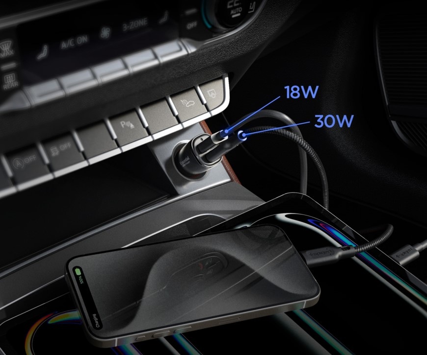 Adaptér do auta Spigen Essential 48W 1xUSB-C/1xUSB-A - černý