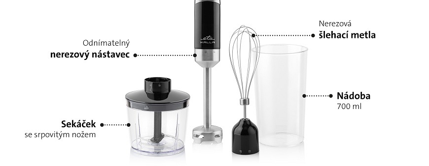 Příslušenství k tyčovému mixéru ETA Kalla: odnímatelný nerezový nástavec, šlehací metla, sekáček se srpovitým nožem a nádoba o objemu 700 ml